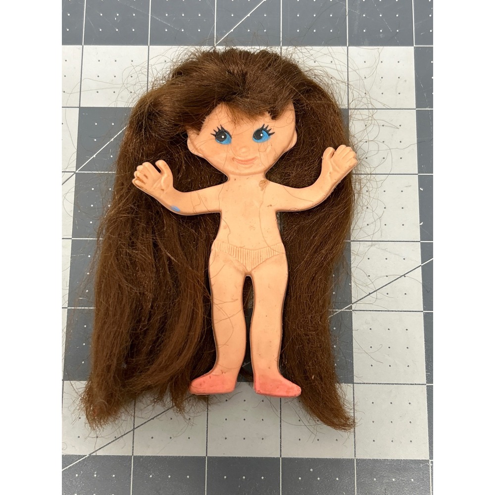 Ideal Vintage Flatsy Doll 4.5" Brown Hair Rubber 1969 Hong Kong Toy Figure
